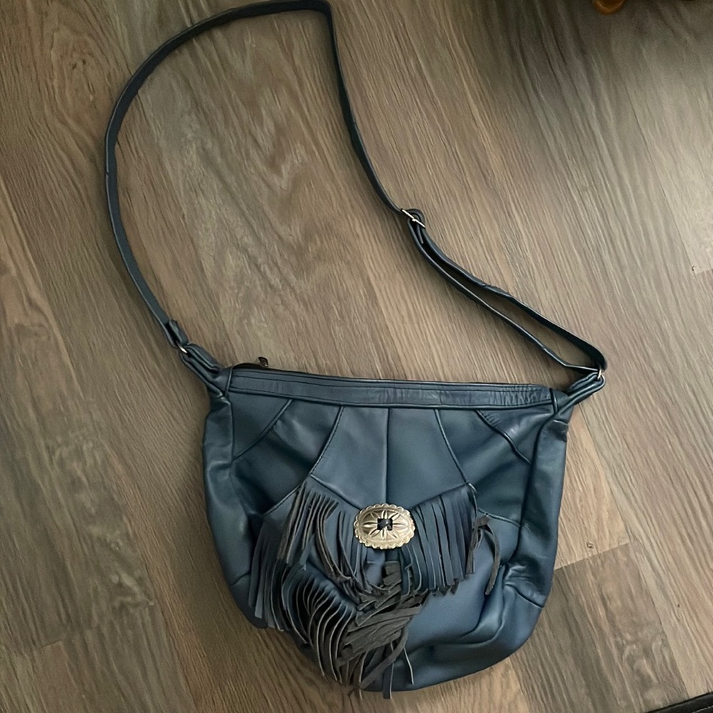 Vintage genuine leather blue southwestern style crossbody bag